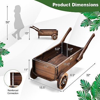 Wooden Wagon Planter Box With Wheels Handles And Drainage Hole