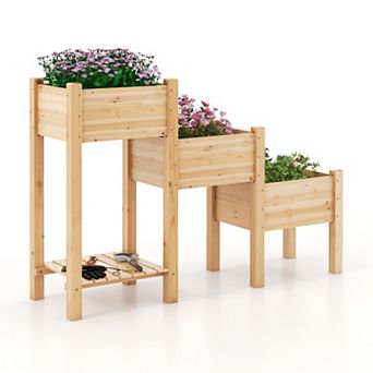 3 tier Wooden Raised Garden Bed With Open Storage Shelf