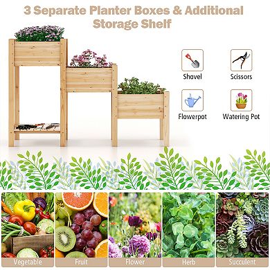 3-tier Wooden Raised Garden Bed With Open Storage Shelf