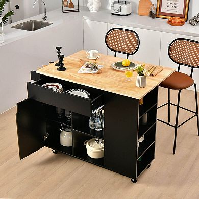 Drop-Leaf Kitchen Island Cart with Rubber Wood Top