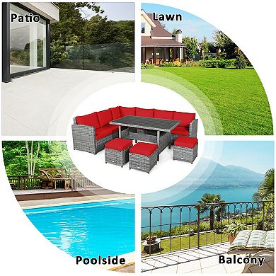 7 Pieces Outdoor Wicker Sectional Sofa Set With Dining Table