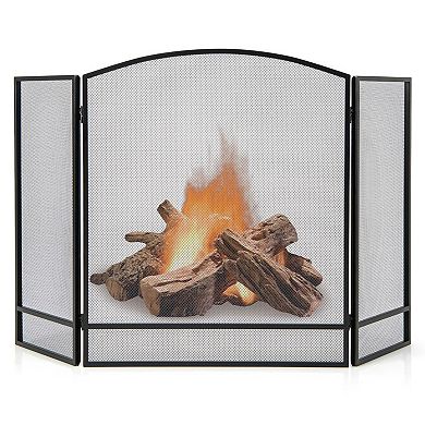 3 Panel Foldable Fireplace Screen Wrought Iron Mesh Guard