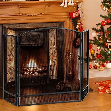 3 Panel Foldable Fireplace Screen Wrought Iron Mesh Guard