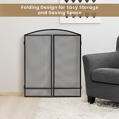 3 Panel Foldable Fireplace Screen Wrought Iron Mesh Guard