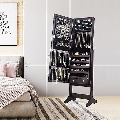 Lockable Mirrored Jewelry Cabinet with Stand and 2 LED Lights