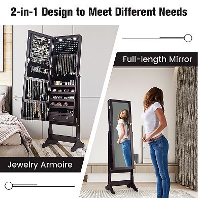 Lockable Mirrored Jewelry Cabinet with Stand and 2 LED Lights