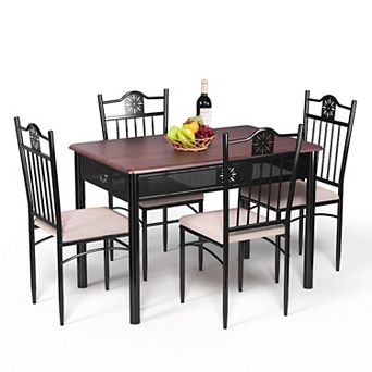 5 pc Dining Set Wood Metal Table and 4 Chairs with Cushions