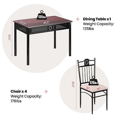 5 Pieces Dining Set Wood Metal Table and 4 Chairs with Cushions