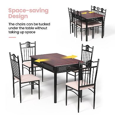 5 Pieces Dining Set Wood Metal Table and 4 Chairs with Cushions