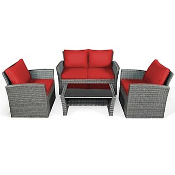 4 pc Patio Rattan Furniture Set Sofa Table With Storage Shelf Cushion