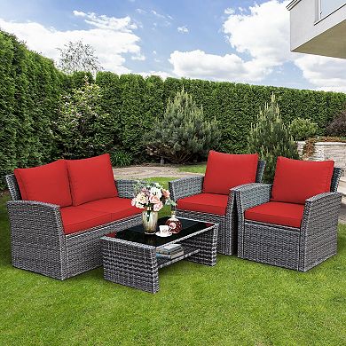 4 Pieces Patio Rattan Furniture Set Sofa Table With Storage Shelf Cushion