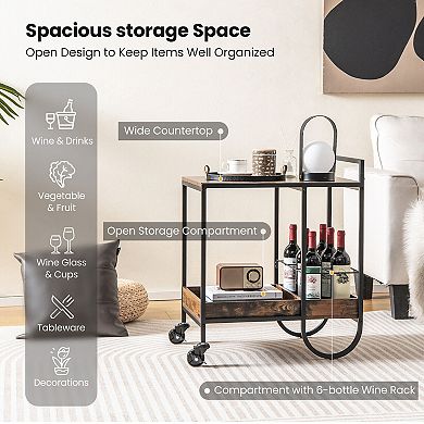 Rolling Buffet Serving Cart with Removable Metal Wire Wine Rack