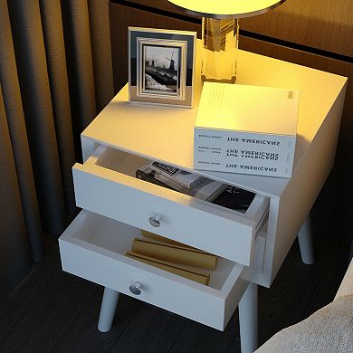Mid-Century Wooden Multipurpose End Table with 2 Storage Drawers
