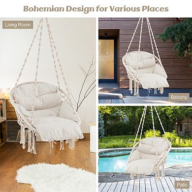 Hammock Chair With Thick Cushion And Macrame Holds Up To 330 Lbs