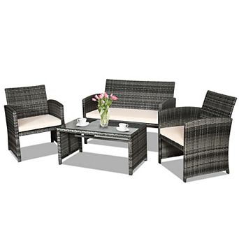 4 pc Patio Rattan Furniture Set With Glass Table And Loveseat