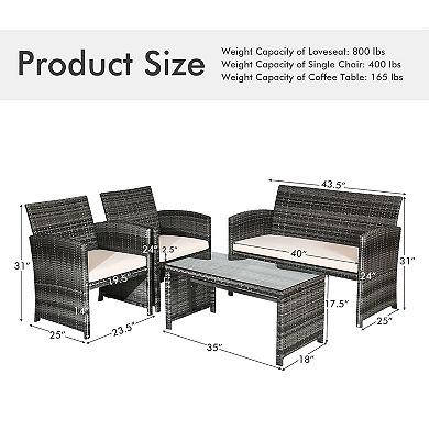 4 Pieces Patio Rattan Furniture Set With Glass Table And Loveseat