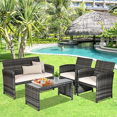 4 Pieces Patio Rattan Furniture Set With Glass Table And Loveseat
