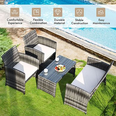 4 Pieces Patio Rattan Furniture Set With Glass Table And Loveseat