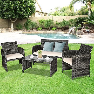 4 Pieces Patio Rattan Furniture Set With Glass Table And Loveseat