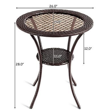 Round Rattan Wicker Coffee Table with Lower Shelf