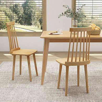Windsor Dining Chairs Set Of 2 With High Spindle Back And Natural Rubber Wood Legs