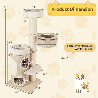 61 Inches Cat Tree For Indoor Cats With 2-stoery Condo And Top Perch-natural