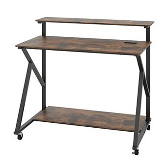 39.5 Inch Rolling Computer Desk with Monitor Shelf Charging Station and Casters