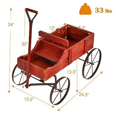 Wooden Wagon Plant Bed with Metal Wheels for Garden Yard Patio