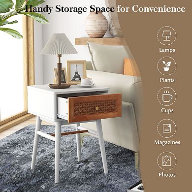 1-Drawer Modern Bedside Table with Solid Wood Legs