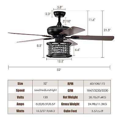 52 Inch 3-speed Crystal Ceiling Fan Light With Remote Control