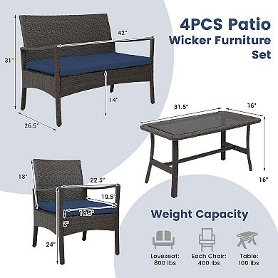 4 Pieces Rattan Conversation Set With Tempered Glass Coffee Table