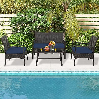 4 Pieces Rattan Conversation Set With Tempered Glass Coffee Table