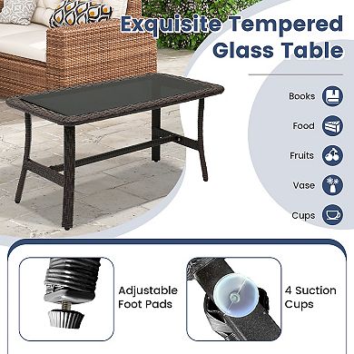 4 Pieces Rattan Conversation Set With Tempered Glass Coffee Table