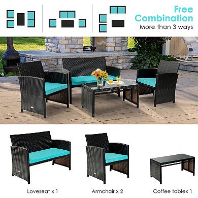 4 Pieces Patio Rattan Cushioned Furniture Set