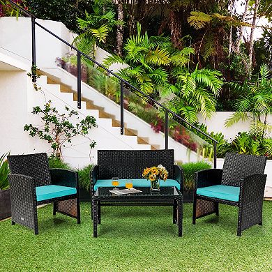 4 Pieces Patio Rattan Cushioned Furniture Set