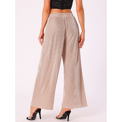 Wide Leg Pants for Women's Pleated Shiny High Waist Elastic Nightout Outfit Party Clubwear Trousers