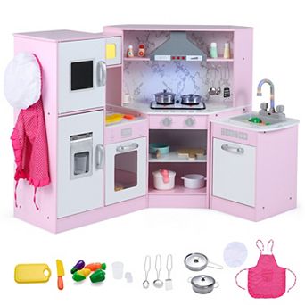 Corner Kitchen Playset 39.5 Inch with Washing Basin Range Hood and Apron
