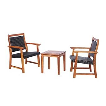 3 pc Rattan Bistro Set With Acacia Wood Frame For Garden