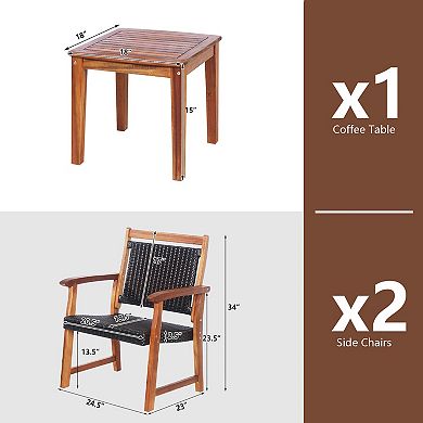 3 Pieces Rattan Bistro Set With Acacia Wood Frame For Garden