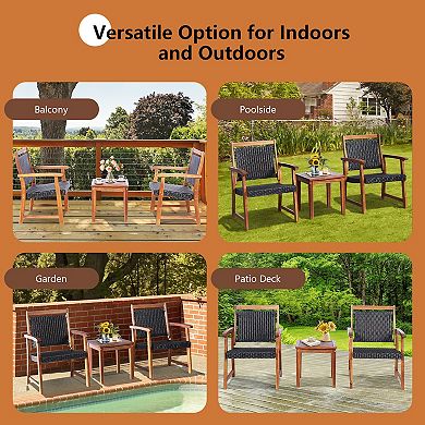3 Pieces Rattan Bistro Set With Acacia Wood Frame For Garden