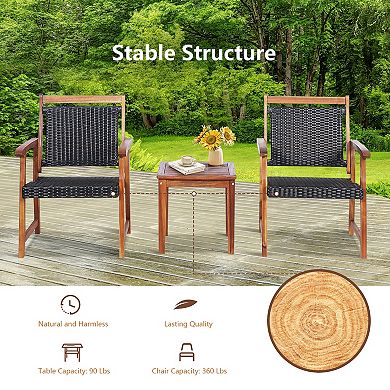 3 Pieces Rattan Bistro Set With Acacia Wood Frame For Garden