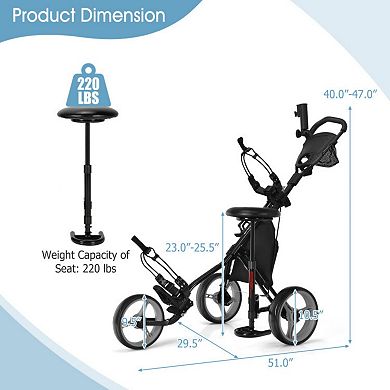 3 Wheel Folding Golf Push Cart with Seat Scoreboard and Adjustable Handle