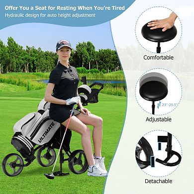 3 Wheel Folding Golf Push Cart with Seat Scoreboard and Adjustable Handle