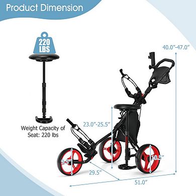 3 Wheel Folding Golf Push Cart with Seat Scoreboard and Adjustable Handle
