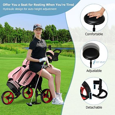 3 Wheel Folding Golf Push Cart with Seat Scoreboard and Adjustable Handle