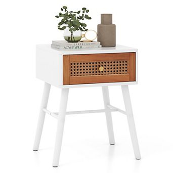 Rattan Nightstand Mid Century Modern Accent Table with Drawer