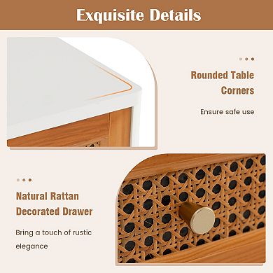 Rattan Nightstand Mid Century Modern Accent Table with Drawer