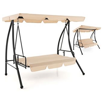 2-Seat Outdoor Convertible Swing Chair with Flat Bed and Adjustable Canopy