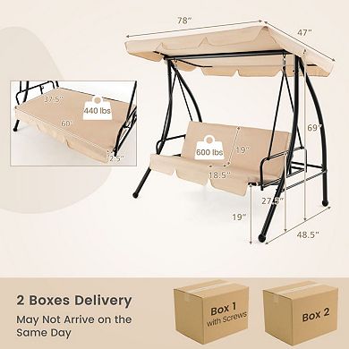 2-Seat Outdoor Convertible Swing Chair with Flat Bed and Adjustable Canopy