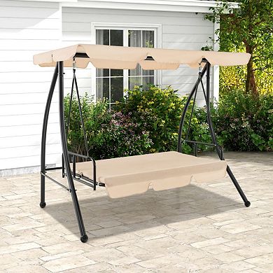 2-Seat Outdoor Convertible Swing Chair with Flat Bed and Adjustable Canopy
